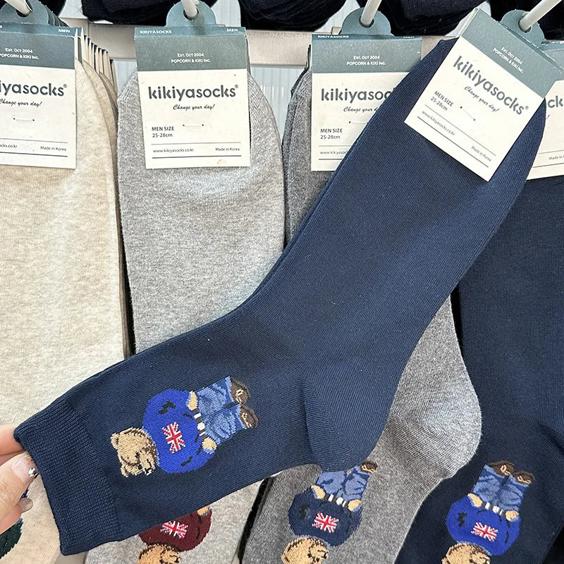 Polo Socks Men Gentleman Cotton Socks Bear Cartoon Bussiness Harajuku Skateboard Novelty Breathable Sox Designer Socks Size46-39