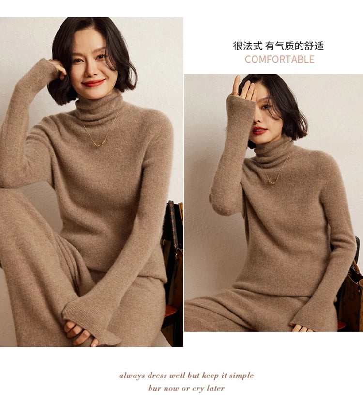 100% cashmere sweater women's knitted pullover sweater high neck solid color slim fit soft cashmere basic women's sweater