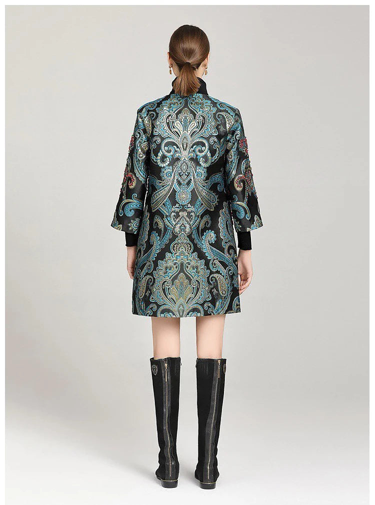Elegant Embroidered Jacquard Trench Coat for Women 2025 | Round Neck Mid-Length Jacket | European Style Spring Fall Outerwear