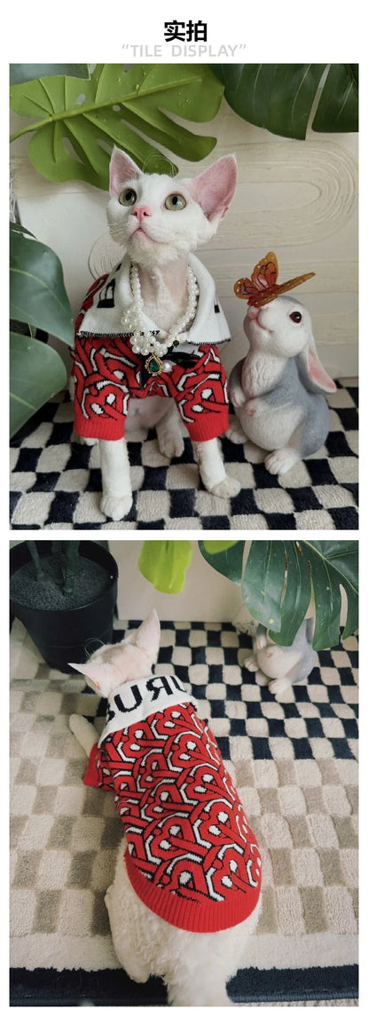 New Pet  Knitted Clothes Dog Cat New Sweater Trendy Cool Knitted Collar Red Clothes German Schnauzer Bibi Bear Fighting
