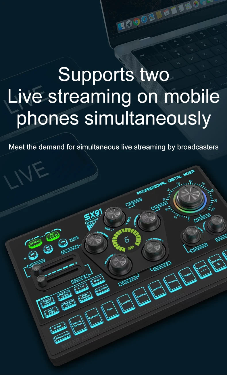 SX91 48V Audio Mixer with Voice changer,Podcast Mixer,Sound Card for Phone Gaming Karaoke Studio Live Streaming Podcast