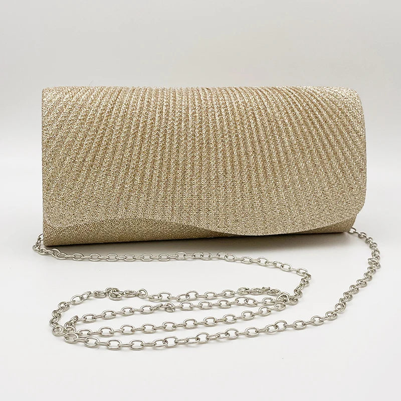 Women Fold Glitter Handbag Shiny Envelope Evening Bag Ladies Pleated Silver Clutch Chain Wedding Party Mini Long Purse XA12ZD