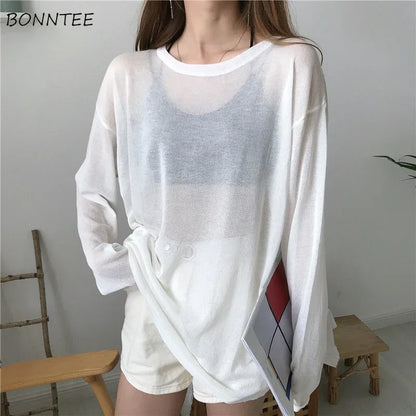 Sheer T-shirts Women Loose Korean Style Summer Sun-proof Casual Simple All-match Thin Lazy Fashion Ulzzang Temperament Classic