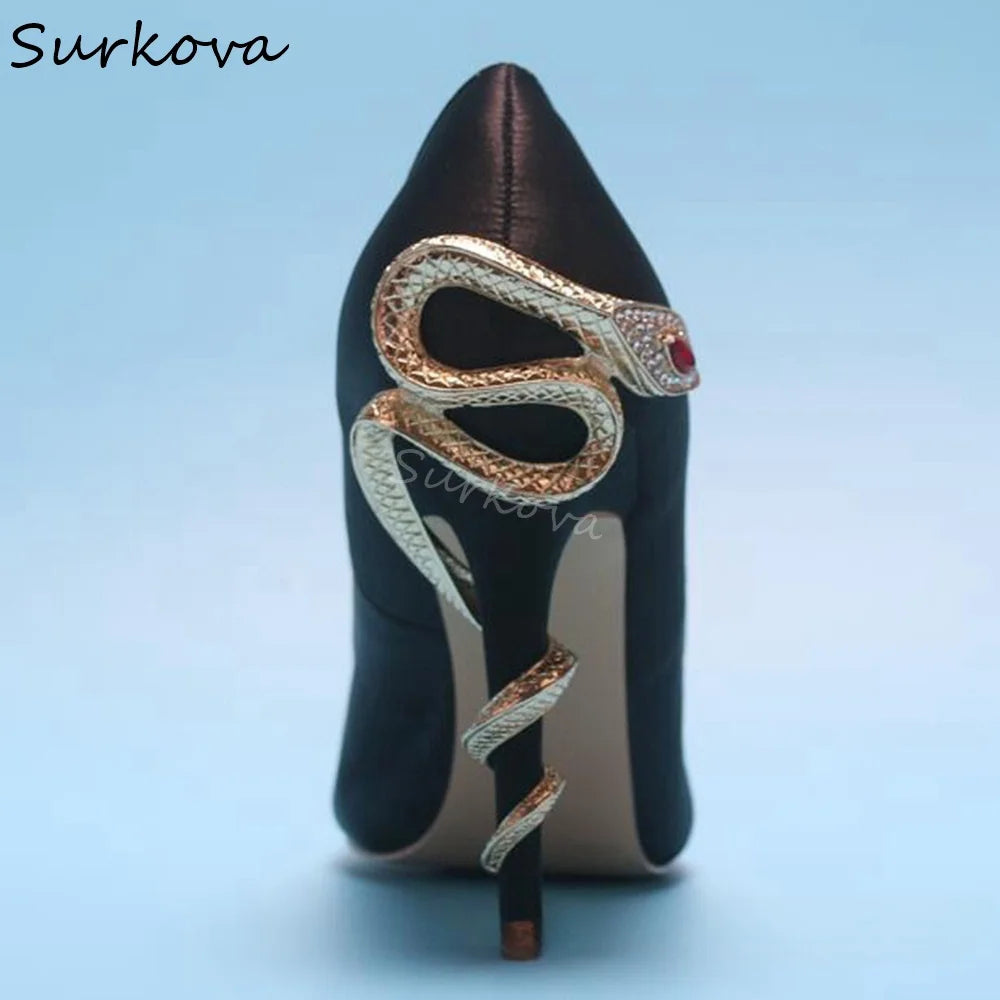 Metal Rhinestone Winding Snake Heels Pumps Women Pointed Toe Stiletto Heel Slip On Satin Pumps 2025 New Sexy Party Catwalk Pumps