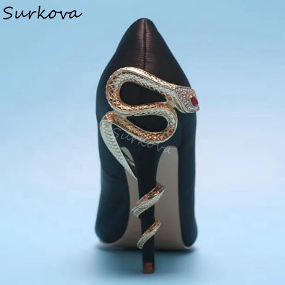 Metal Rhinestone Winding Snake Heels Pumps Women Pointed Toe Stiletto Heel Slip On Satin Pumps 2025 New Sexy Party Catwalk Pumps