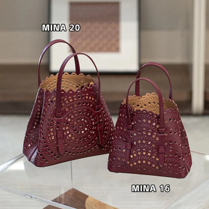 New Tote Bag French Cowhide Handmade Bag Niche Laser Engraved Hollow Leather Vegetable Basket Bag Casual Versatile Temperament