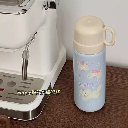 500ml Cartoon Stainless Steel Portable Thermos Cup,Cute Student Water Cup,Outdoor One Cover Dual-use Cup Vacuum Insulated Bottle