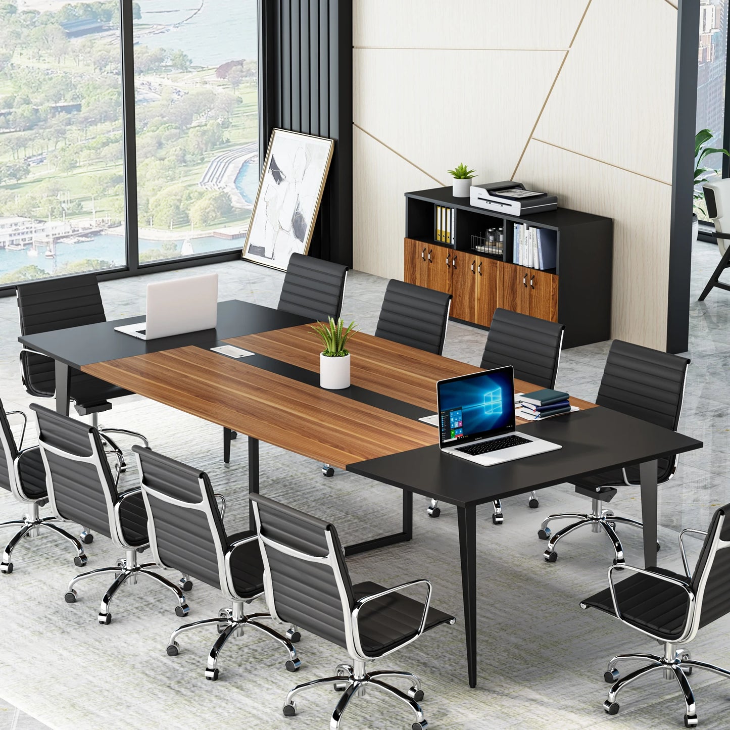 Tribesigns 8FT Conference Table, 94.48L x 47.24W x 29.52H Inches Boat Shaped Meeting Table with Rectangle Grommet