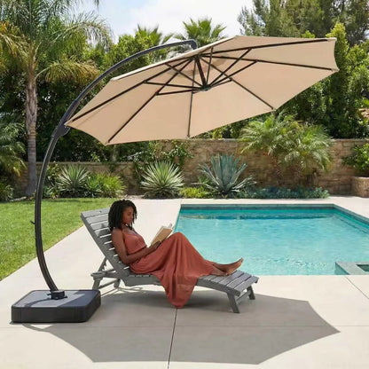 11ft round Aluminum Patio Umbrella with Base - Offset Cantilever Design 360° Rotating Customizable Large Outdoor Shade Umbrella