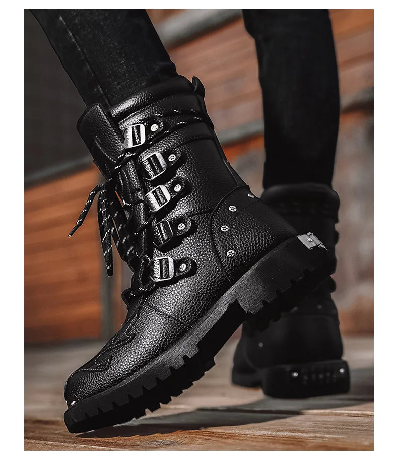 Men Motorcycle Boots Fashion Mid-Calf Punk Rock Punk PU Leather Black High Top Mens Casual Boot Steel Toe Shoes Big Size 38-46