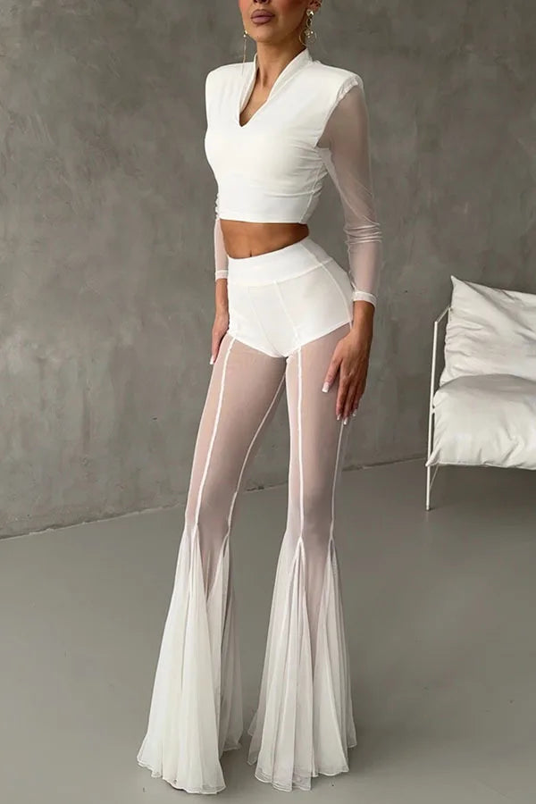Sexy Sheer Flare Pants For Women Fashion Solid High Waist Long Pants Lady Casual Holiday Streetwear Women's Clothing New 2025