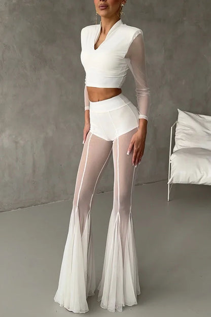 Sexy Sheer Flare Pants For Women Fashion Solid High Waist Long Pants Lady Casual Holiday Streetwear Women's Clothing New 2025