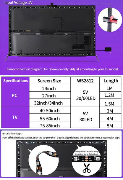 LED black light WS2812 Camera Ambient Strip Light Immersion Led Color Strip LED Light For Inch Tv Pc Led RGB Tape Screen 5V LED