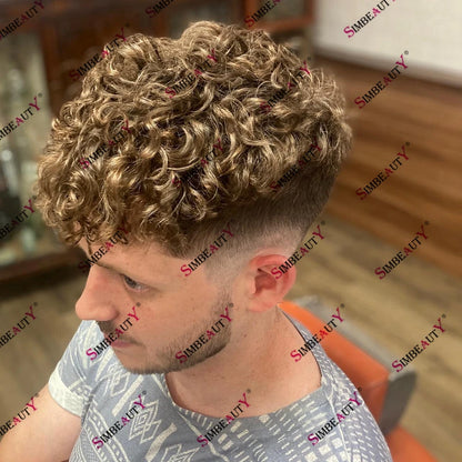 Microskin 0.06mm-0.08mm PU Base Natural Hairline Men's Curly Blonde Human Hair Wig Hair Replacement Capillary Prosthesis Toupee