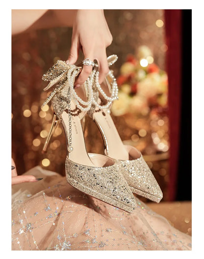Shiny Glitter Bow Pearl Chain High Heels Wedding Banquet Dress Wedding Shoes Women's Shoes