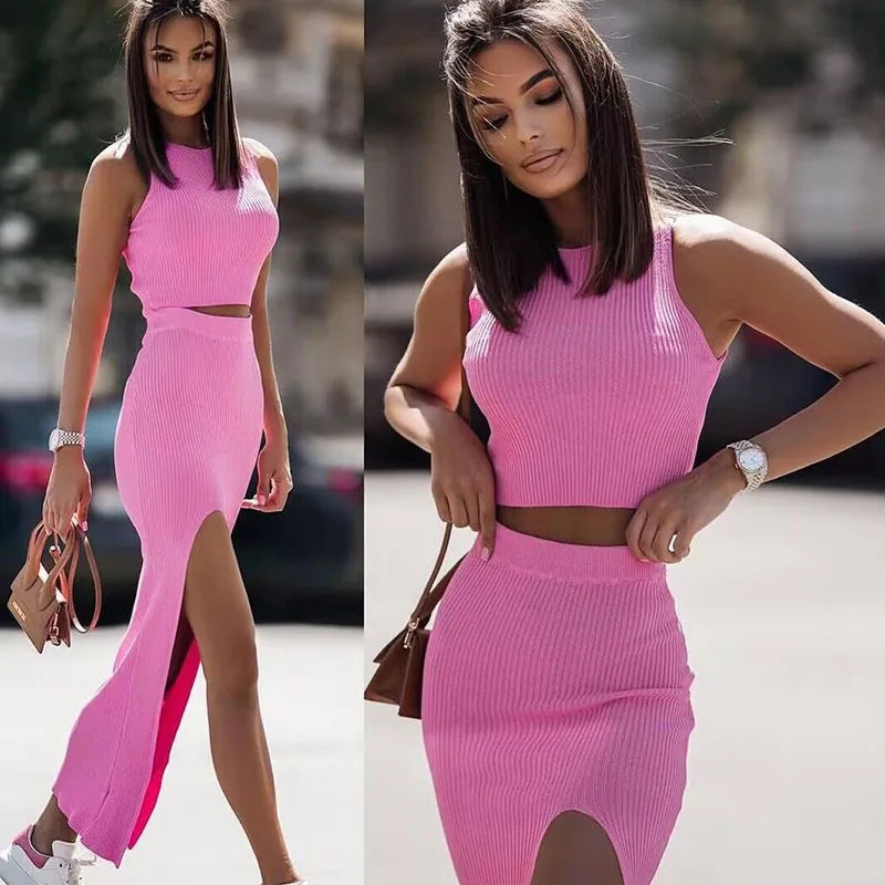 2026 Summer Casual Sleeveless Tank Top and Split Skirt Sexy Elegant Two-piece Set Slim Fit Fashion High Waist Solid Color Suit