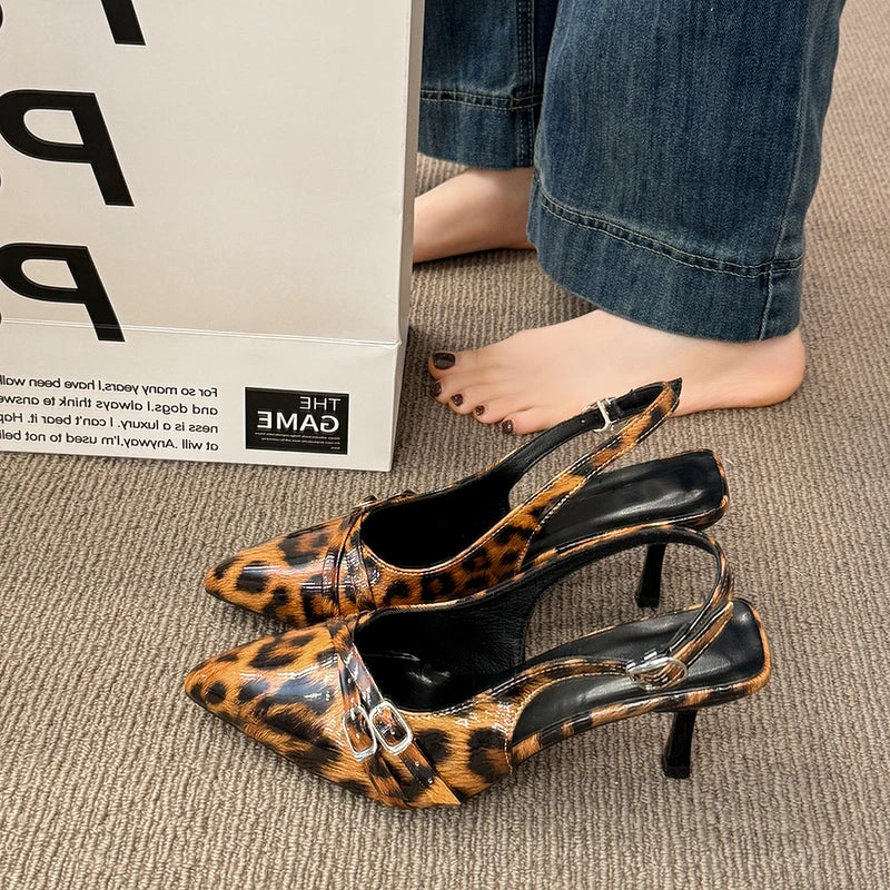 Women's Sandals Leopard Sexy High Heels Shoes Pointed Toe Luxury Pumps Slippers Woman Brand Dress Buckle Ladies De Flip Flops
