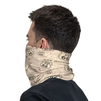 Custom Travel Motorcycle Ride Route 66 Bandana Winter Neck Warmer Windproof Wrap Face Scarf for Hiking Highways Gaiter Headband