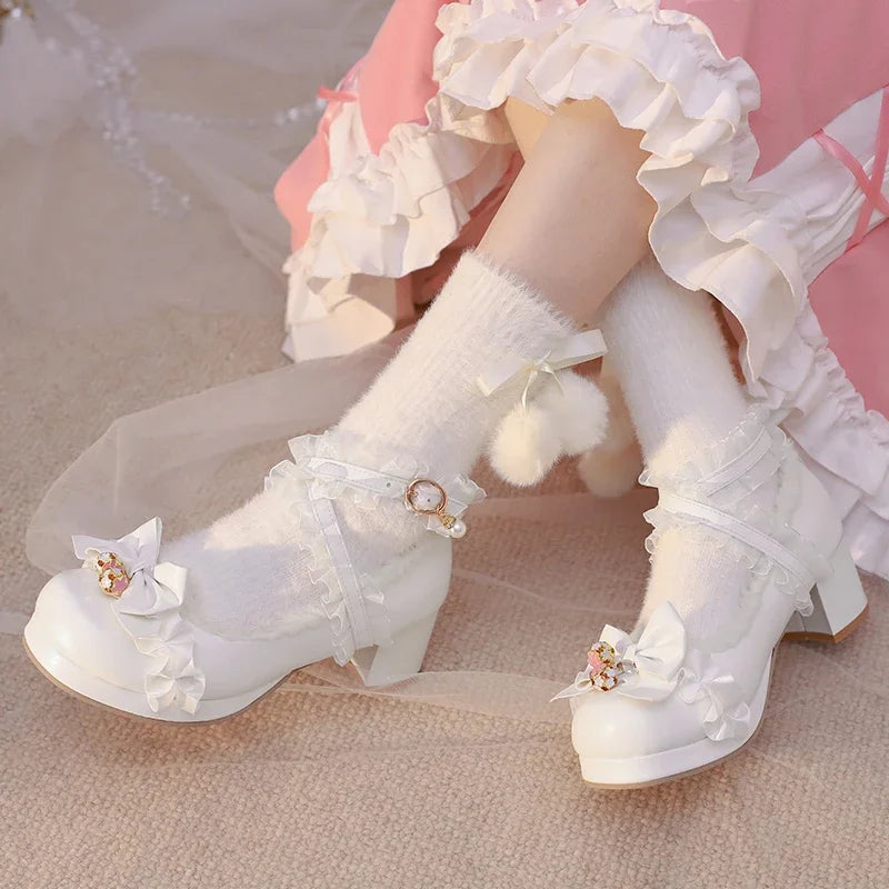 Cross Strap Women High Heels Mary Jane Pumps Party Wedding Cosplay White Pink Black Strawberry Bow Princess Cosplay Lolita Shoes
