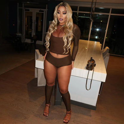 Sexy Casual 3 Piece Set Mesh Full Sleeve o-Neck Crop Tops+Shorts+Foot Cover Matching Autumn Trend Streetwear Outfits