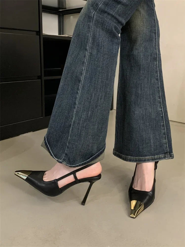 Street Style Pointed Toe Women Pumps Fashion Slingbacks Thin High Heels Elegant Stripper Prom Ladies Sandals Shoes