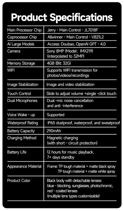 4GB Smart AI Glasses 800W pixel AI Shooting Camera HD Photo Video Voice Call Translation IP67 Waterproof Bluetooth Glasses 2025