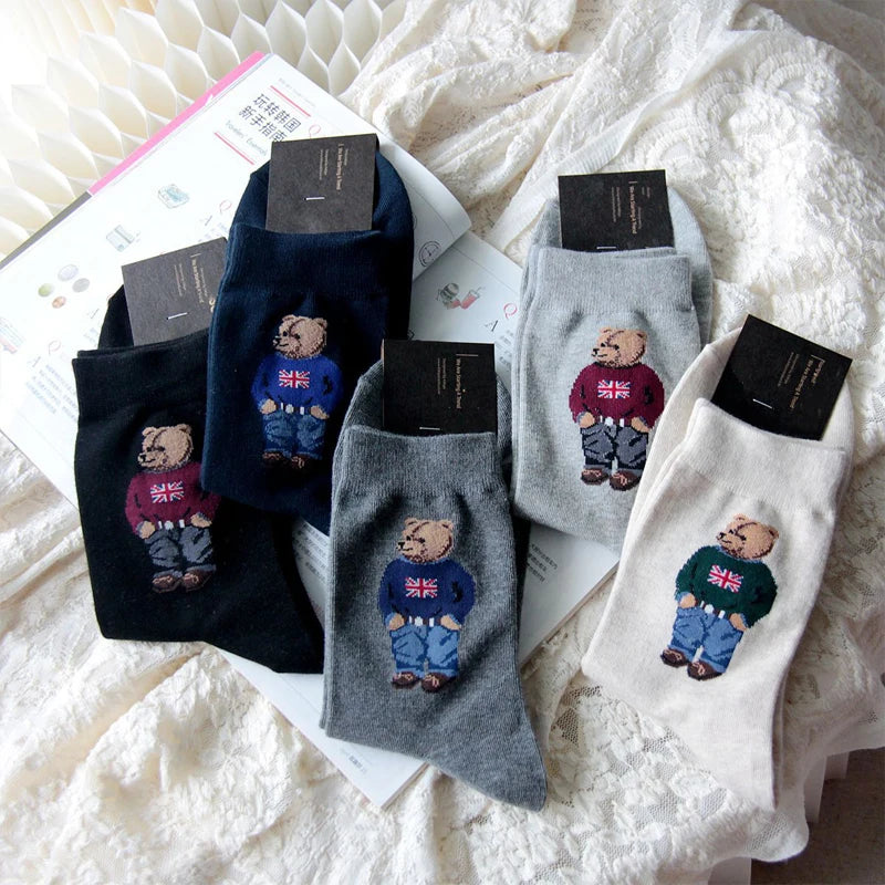 Polo Socks Men Gentleman Cotton Socks Bear Cartoon Bussiness Harajuku Skateboard Novelty Breathable Sox Designer Socks Size46-39