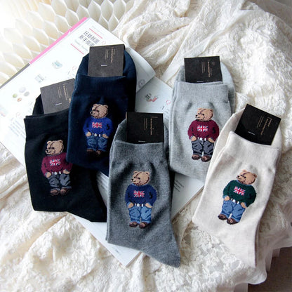 Polo Socks Men Gentleman Cotton Socks Bear Cartoon Bussiness Harajuku Skateboard Novelty Breathable Sox Designer Socks Size46-39