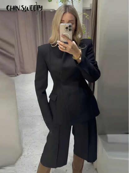 Elegant Solid Women's Blazer Trouser Suits Lapel Single-Breasted Wide Leg Pants Lady Set 2026 Spring 2 Pieces Set Women