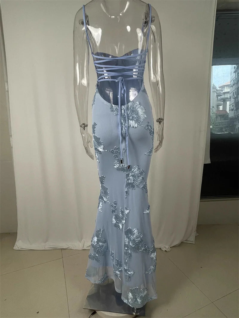 Mozision Spaghetti Strap Backless Sexy Maxi Dress Women Gown Floral Ribbon Applique Sleeveless Bodycon Evening Club Party Dress