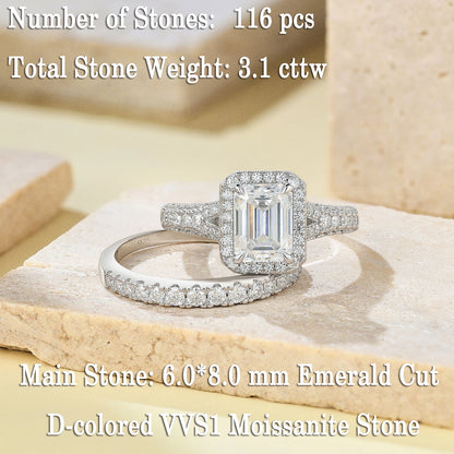 Newshe Women's Stackable VVS1 Moissanite Wedding Ring Set GRA Certified Halo Emerald Cut 925 Sterling Silver Bridal Rings