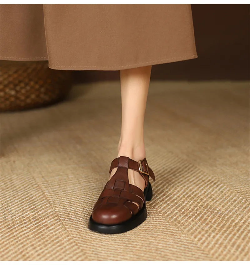 2023 Women Sandals Retro Genuine Leather Luxury Roman Sandals Casual Buckle Strap Summer Shoes GLADIATOR Thick Heel Women Shoes