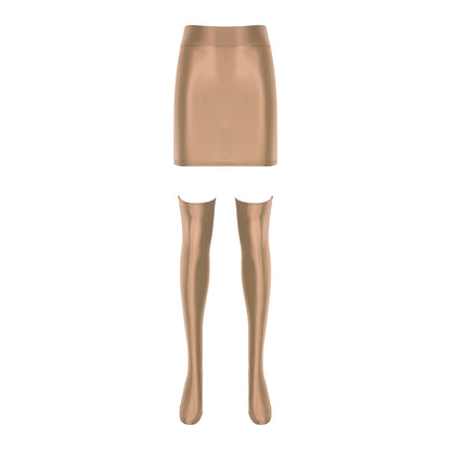 Womens Glossy Nightclub Outfit Shiny High Waist Mini Skirt with Stockings Set Rave Party Cheer Booty Workout Pole Dance Clubwear