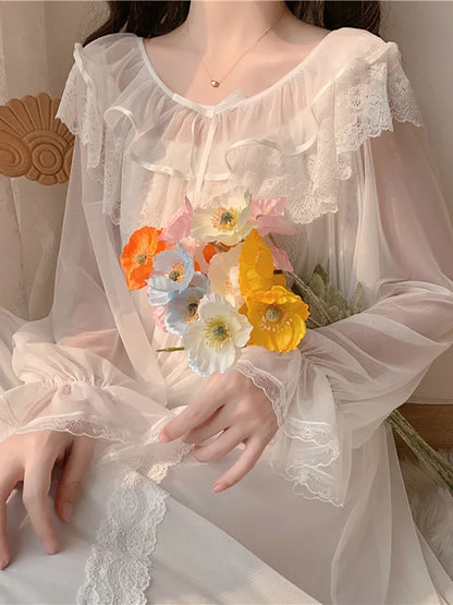 Women Ruffles Vintage Nightgowns Lolita Princess Sleepwear White Lace Mesh Fairy Night Dress Victorian Nightdress Loungewear