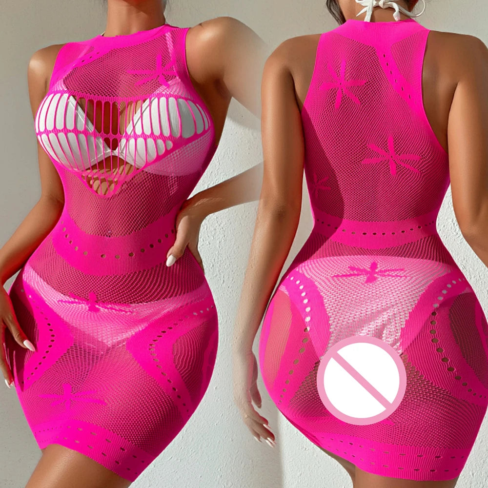 Sexy Women Fishnet Bodycon Mini Dress Mesh Hollow Out See Through Lingerie Erotic Perspective Temptation Nightdress Costume
