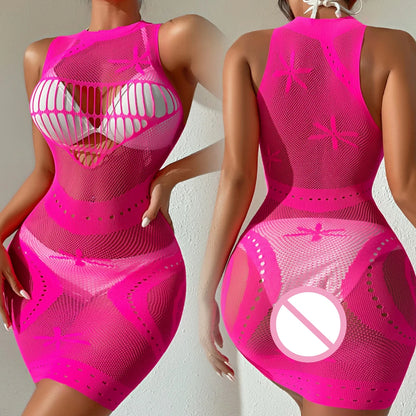 Sexy Women Fishnet Bodycon Mini Dress Mesh Hollow Out See Through Lingerie Erotic Perspective Temptation Nightdress Costume