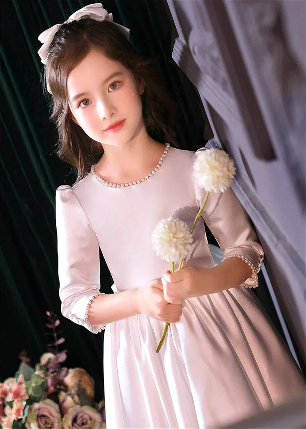 Lovely White Satin Flower Girl Dress for Wedding Dresses Little Princess Bow Kids Birthday Party Evening Customise Gowns