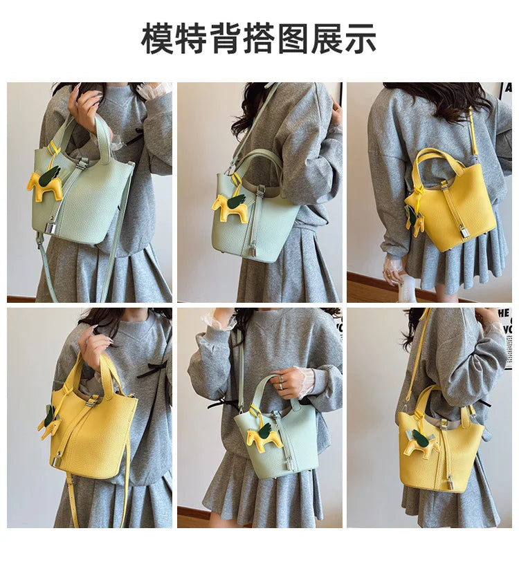Popular and popular lychee patterned mother and child bucket bag for women, 2025 new casual retro handbag, casual commuting bag