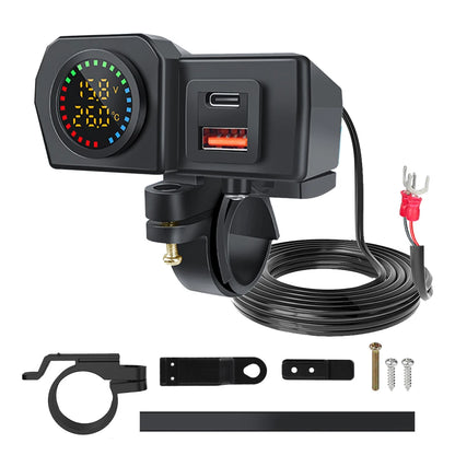 60W QC3.0+PD Motorcycle USB Charger Handlebar Power Adapter with Digital Voltmeter Thermometer Rear Switch Fast Charging Socket