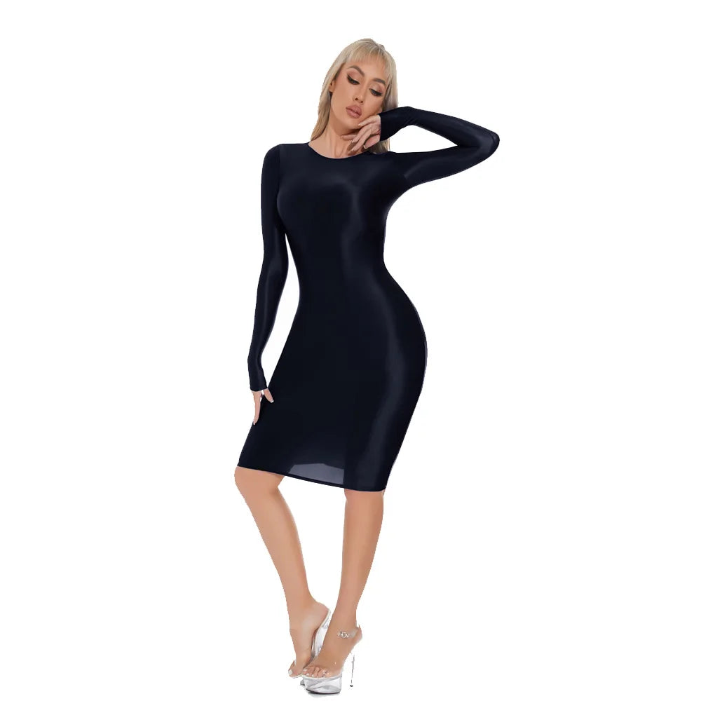 Sexy Women Oil Glossy Shiny Tight Pencil Dress Stain Smooth Bodycon Dress Elastic Push Up Packet Hip Stretch Step Dress