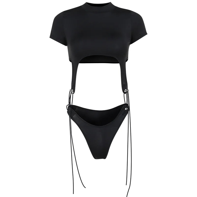 Short Sleeve Bodysuit, Mock Neck Women Y2k Clothes, Hollow Out One-Piece Body Feminino, Lace Up Club Outfits, Sexy Lingerie