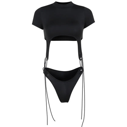 Short Sleeve Bodysuit, Mock Neck Women Y2k Clothes, Hollow Out One-Piece Body Feminino, Lace Up Club Outfits, Sexy Lingerie