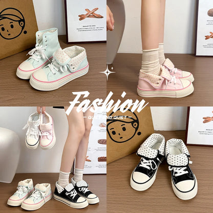 New High Help Canvas Shoes Dots Women's Casual Shoes Woman Vulcanize Sneakers Comfortable Sport Walking Platform Flats Shoes 015