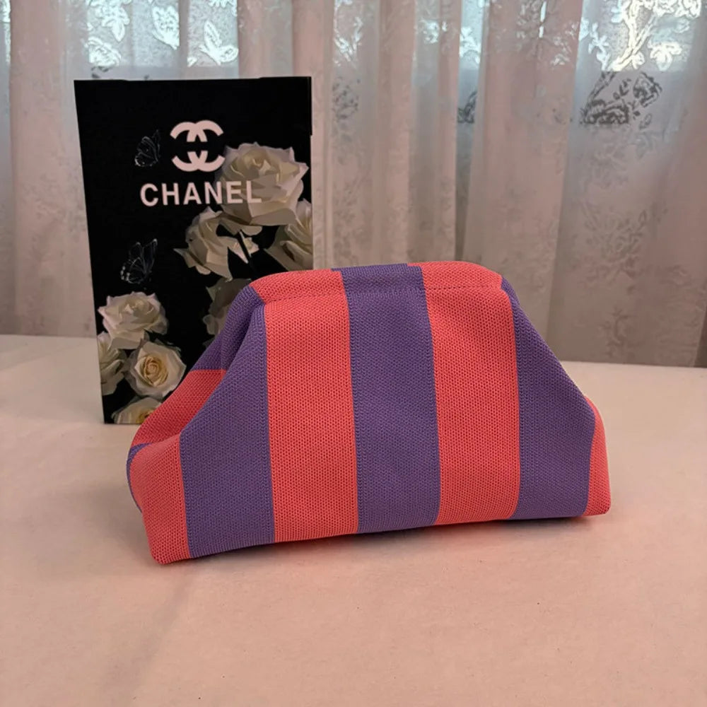 European and American trendy hot-selling women's striped makeup bag, knitted bag, girls' cloud beach clutch