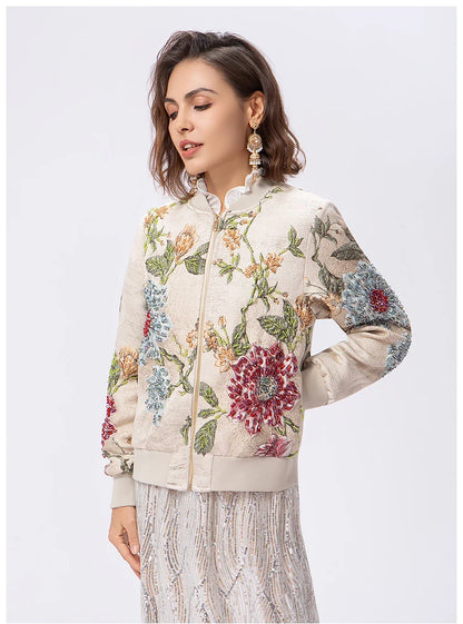 Luxury Beaded Embroidered Jacquard Bomber Jacket Women 2025 New Fashion Casual Chic Baseball Coat Elegant Versatile Outerwear