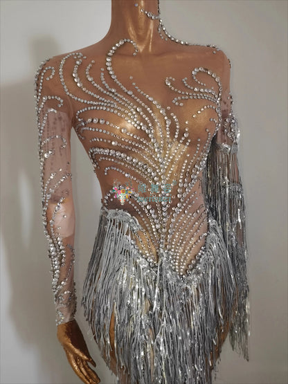 Latin Dance Costume for Adults and Child Customized Senior AB Stones Fringe Dresses Team Latin Professional Performance Clothing