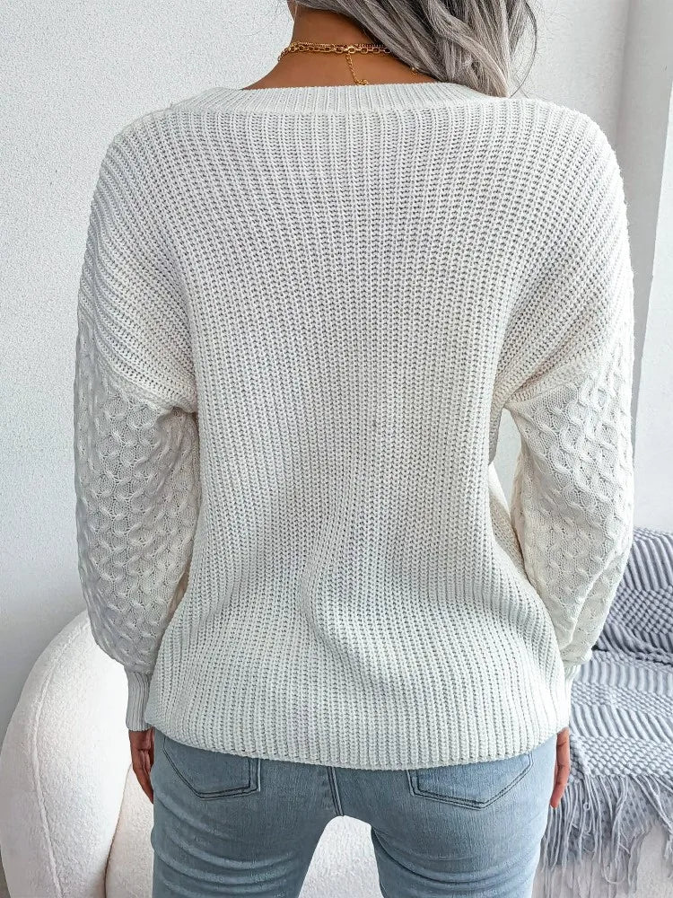 2024 Autumn Winter Casual Lantern Long Sleeved Knitted Sweater Fashion Army Green Round Neck Sweater Elegant Knitted Pullover