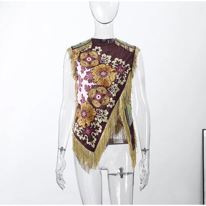 Fashion Tassel Printed Irregular Top Women Loose O-neck Sleeveless Patchwork Vest 2026 Summer Lady New Casual Beach Y2k Outfit