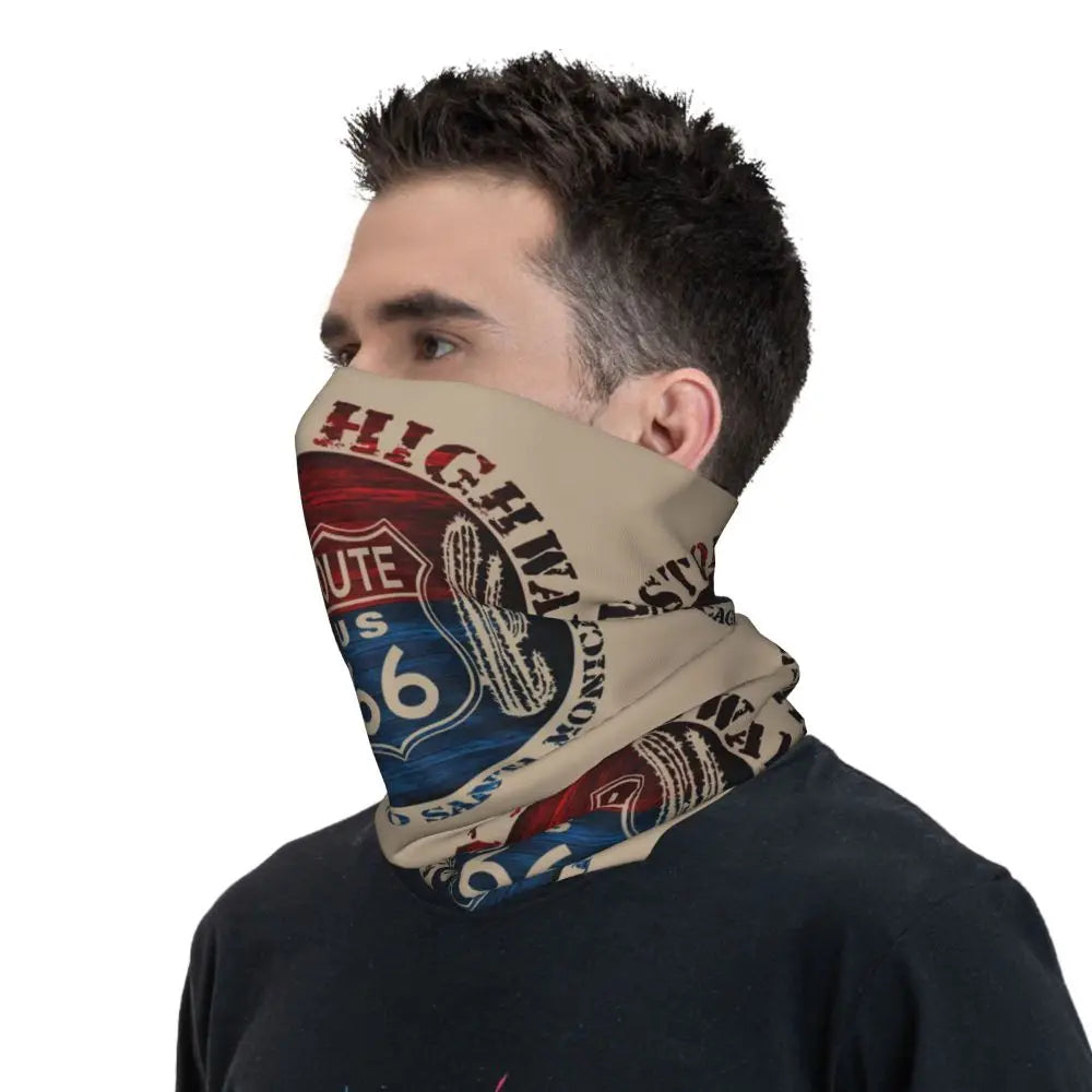 Custom Travel Motorcycle Ride Route 66 Bandana Winter Neck Warmer Windproof Wrap Face Scarf for Hiking Highways Gaiter Headband
