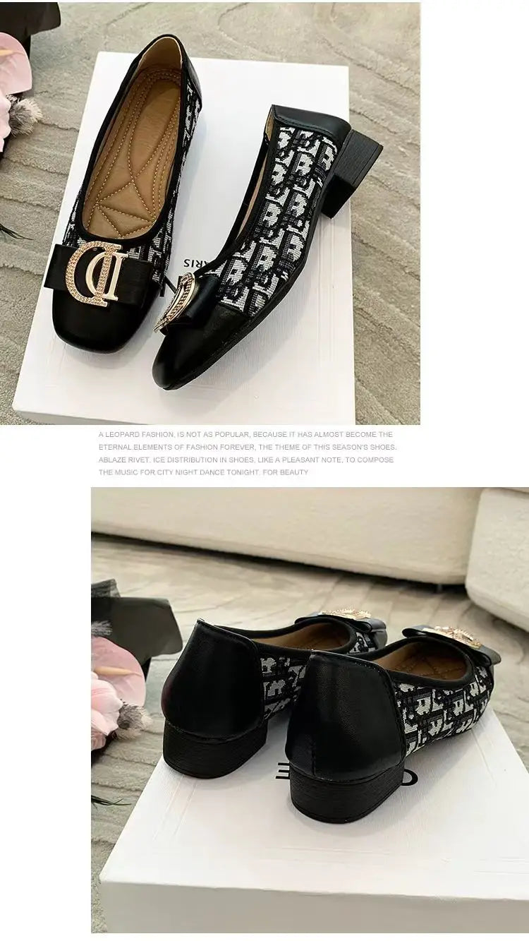 Soft Bottom Women Bean Metal Single Shoes Fashionable Versatile Shallow Mouth Retro Square Head Flat Bottom Coarse Women's Shoes